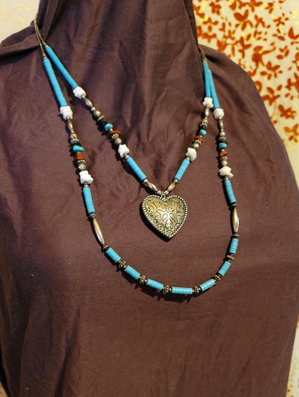Silver Turquoise Beaded Heart Pendant Necklace - Unbranded